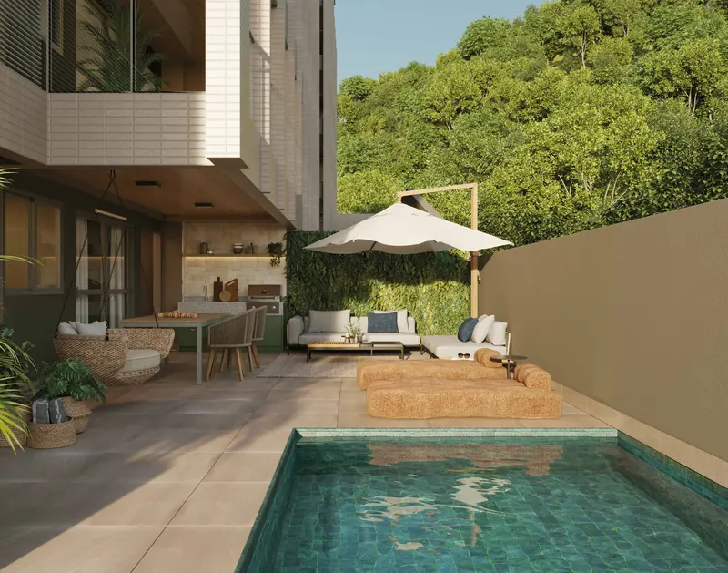 Up Garden do Tiê Residencial com piscina privativa, deck e ombrelone junto à mata