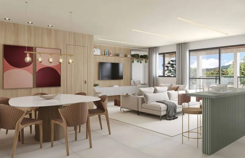 Sala decorada de apartamento de 3 quartos do Tiê Residencial, integrada à varanda com vista para o verde