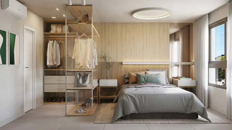 Suíte principal decorada de apartamento de 4 quartos do Tiê Residencial, com closet aberto