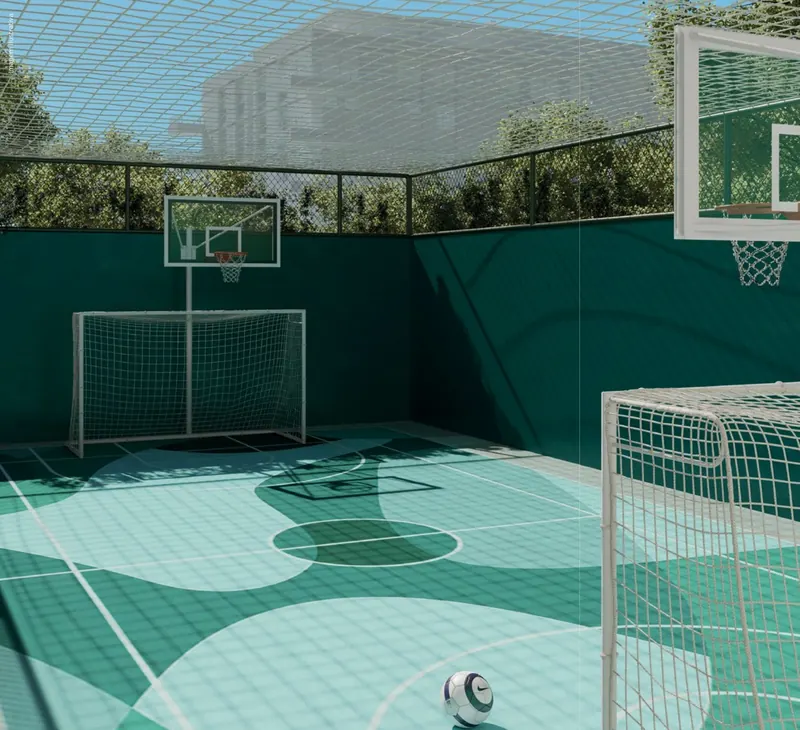 Quadra recreativa do Tiê Residencial com tabelas de basquete e traves