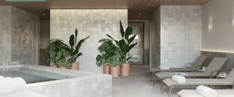 Spa do Tiê Residencial com hidro, espreguiçadeiras e revestimento em pedra