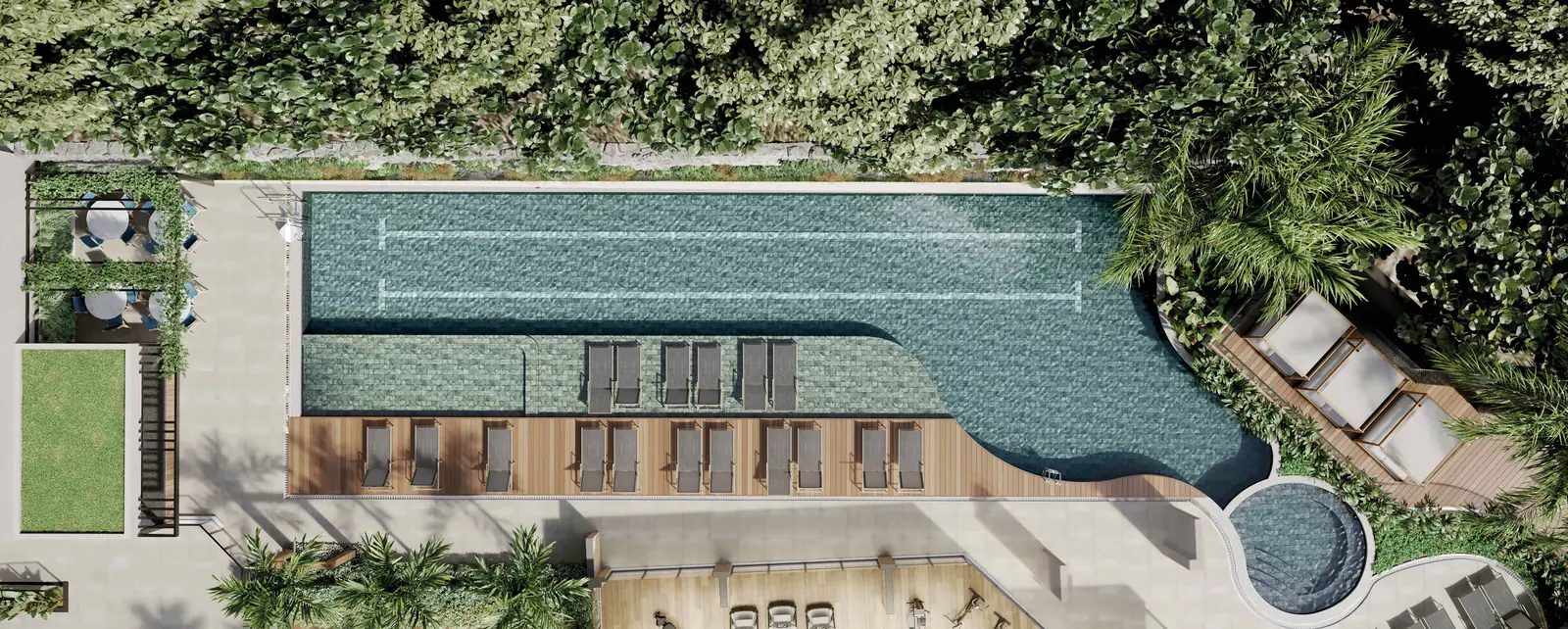 Vista aérea da piscina com raia de 25 m, do deck molhado e do lounge do Tiê Residencial entre a mata e os edifícios