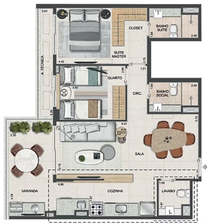 Planta do apartamento de 2 quartos com 79,68 m² do Edifício Begônia do Tiê Residencial