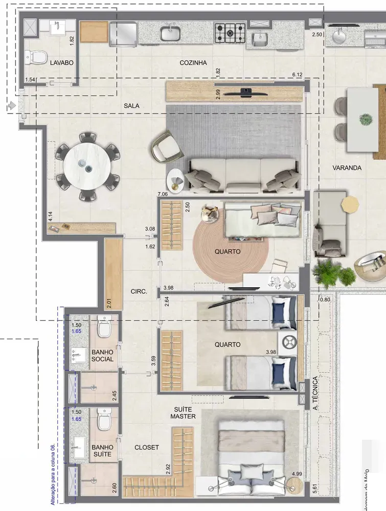 Planta do apartamento de 3 quartos com 111,60 m² do Edifício Orquídea do Tiê Residencial