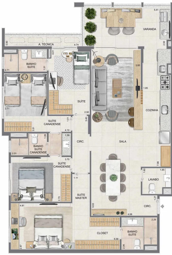 Planta do apartamento de 4 quartos com 132,92 m² do Edifício Orquídea do Tiê Residencial