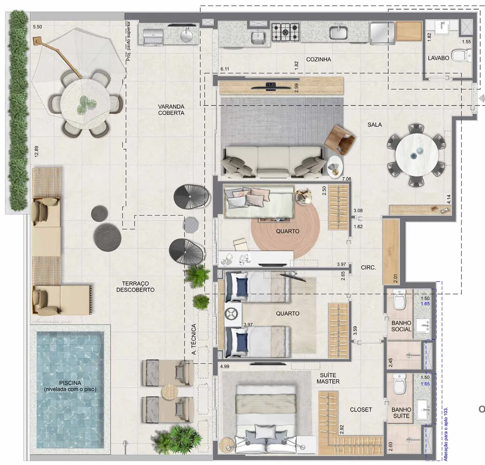 Planta do Up Garden de 3 quartos com 159,27 m² do Edifício Orquídea do Tiê Residencial, com piscina privativa
