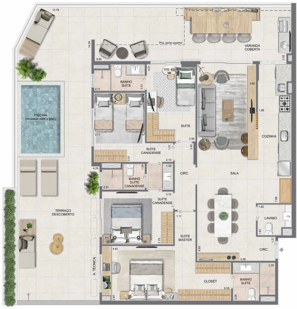 Planta do Up Garden de 4 quartos com 206,53 m² do Edifício Orquídea do Tiê Residencial, com piscina privativa