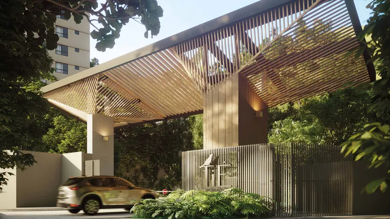 Pórtico de entrada do Tiê Residencial na Rua Professor Helion Póvoa, com pérgola de madeira