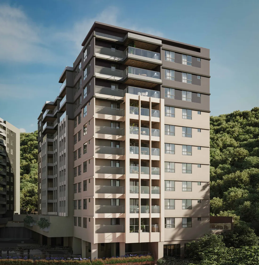 Fachada do Edifício Orquídea do Tiê Residencial, com varandas e tons amadeirados, junto à mata da Tijuca